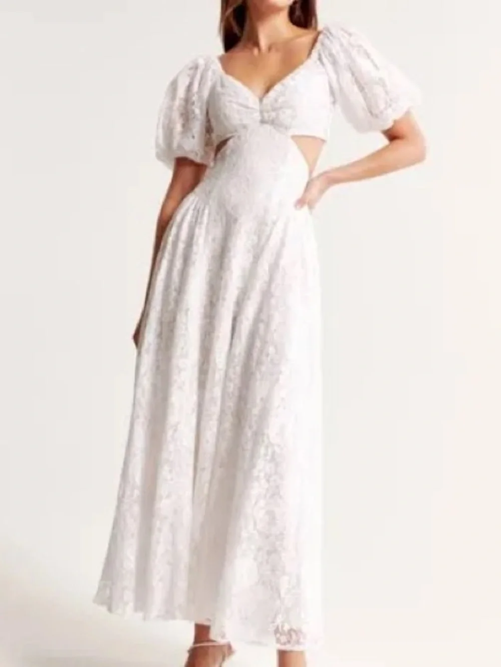 Abercrombie & Fitch White Lace Puff-Sleeve Cutout Maxi Dress